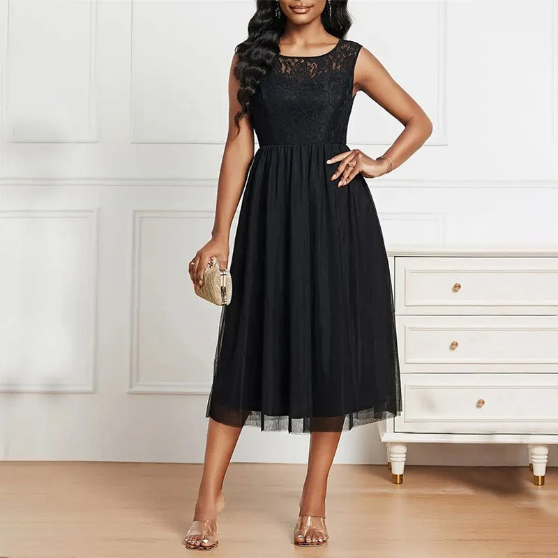The Refined Lace | Solid Black Lace Mesh Crew Neck A-Line Midi Dress - Image 10