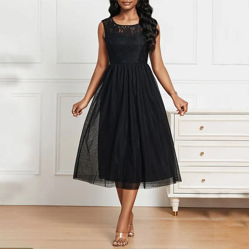 The Refined Lace | Solid Black Lace Mesh Crew Neck A-Line Midi Dress - Image 2