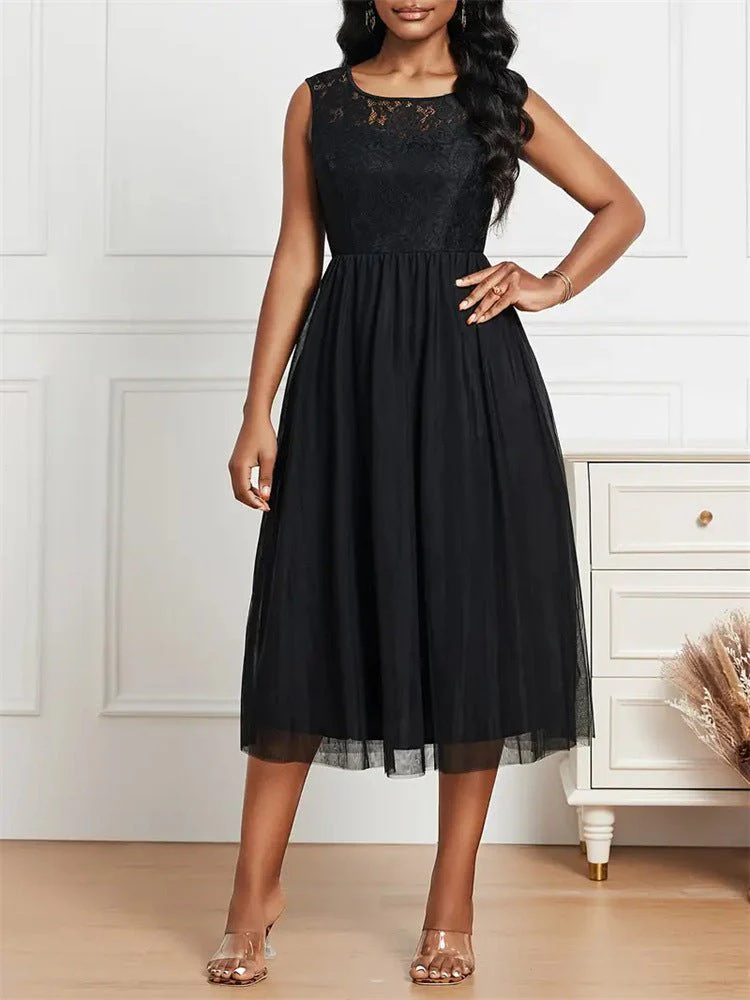 The Refined Lace | Solid Black Lace Mesh Crew Neck A-Line Midi Dress - Image 3