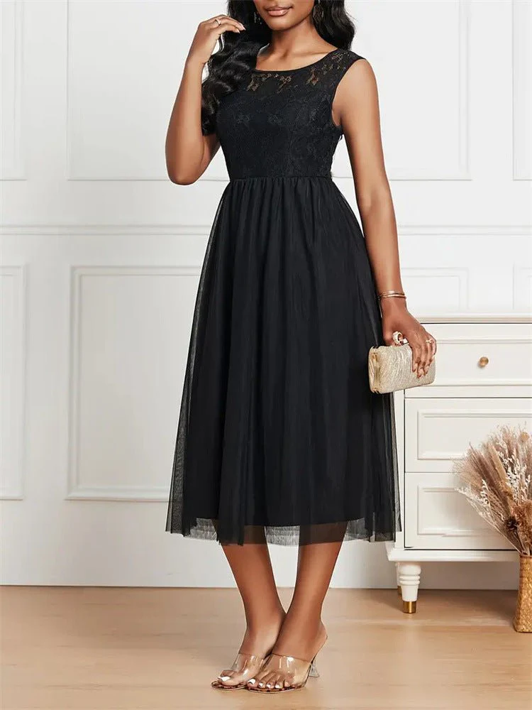 The Refined Lace | Solid Black Lace Mesh Crew Neck A-Line Midi Dress - Image 4