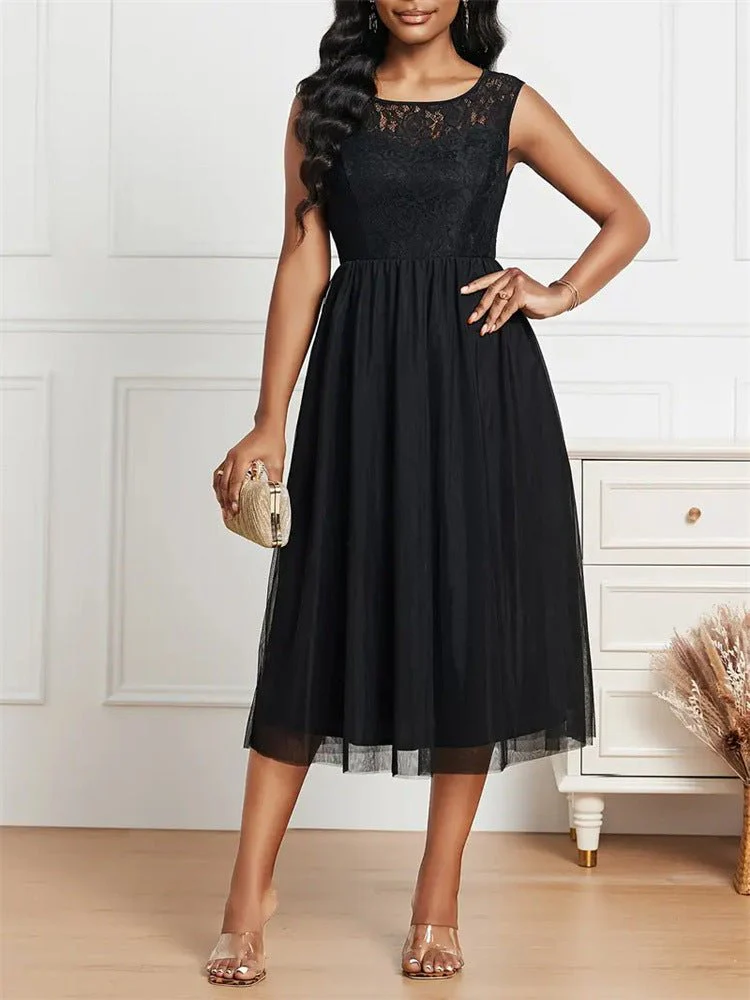The Refined Lace | Solid Black Lace Mesh Crew Neck A-Line Midi Dress - Image 5