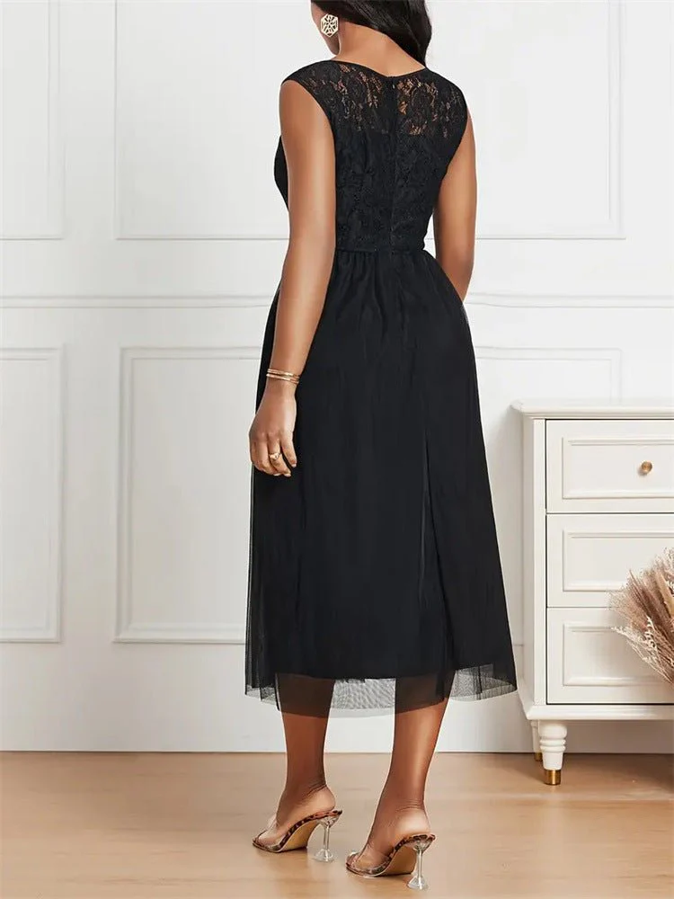 The Refined Lace | Solid Black Lace Mesh Crew Neck A-Line Midi Dress - Image 6