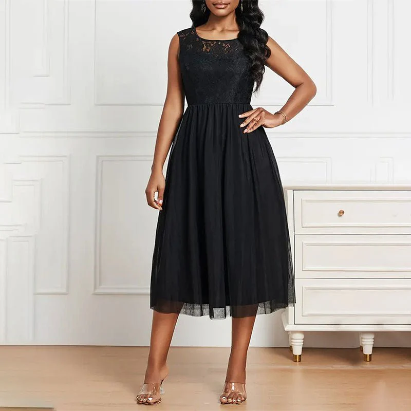 The Refined Lace | Solid Black Lace Mesh Crew Neck A-Line Midi Dress - Image 9