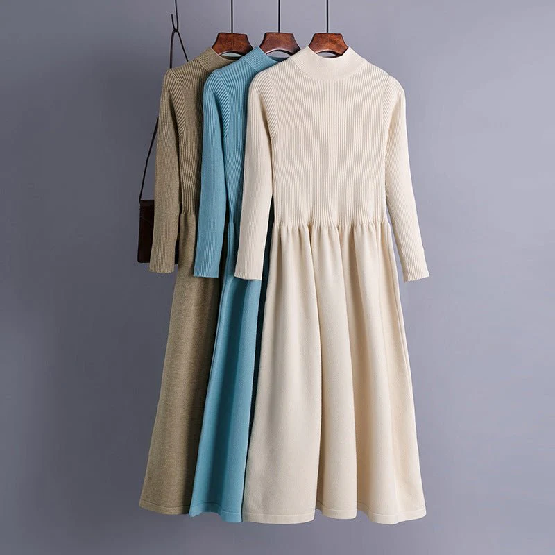 The Refined Layer | Solid Color Semi-Turtleneck Long-Sleeve Knit Midi Dress FD