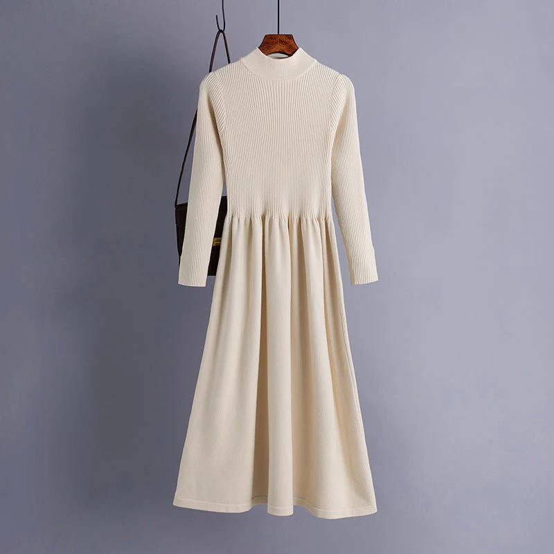 The Refined Layer | Solid Color Semi-Turtleneck Long-Sleeve Knit Midi Dress FD - Image 2
