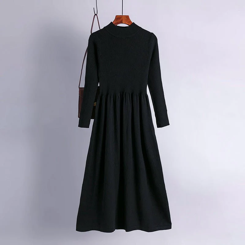 The Refined Layer | Solid Color Semi-Turtleneck Long-Sleeve Knit Midi Dress FD - Image 6
