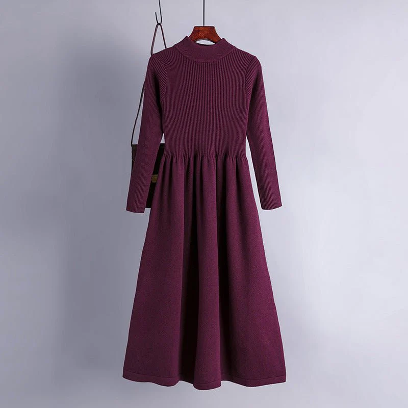 The Refined Layer | Solid Color Semi-Turtleneck Long-Sleeve Knit Midi Dress FD - Image 7