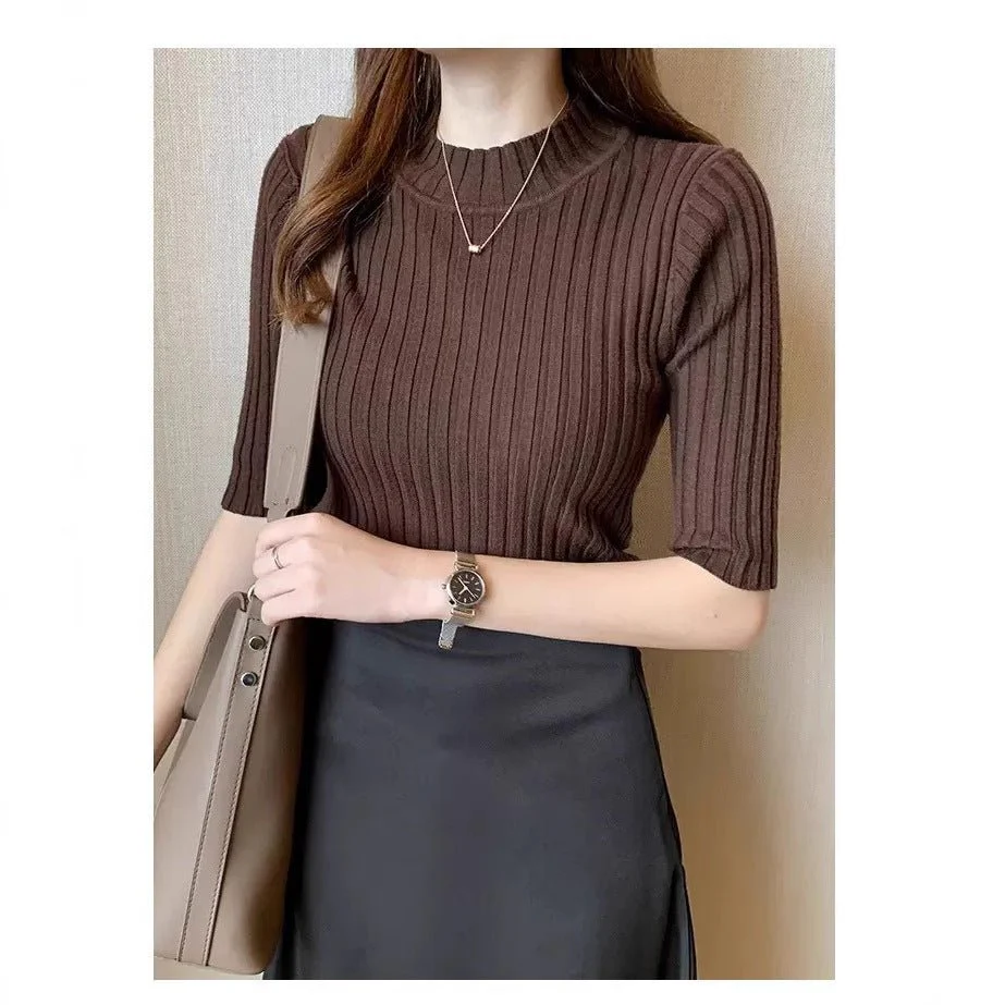 The Refined Whisper | Women's Semi-Turtleneck Core-Spun Yarn T-Shirt - Image 3