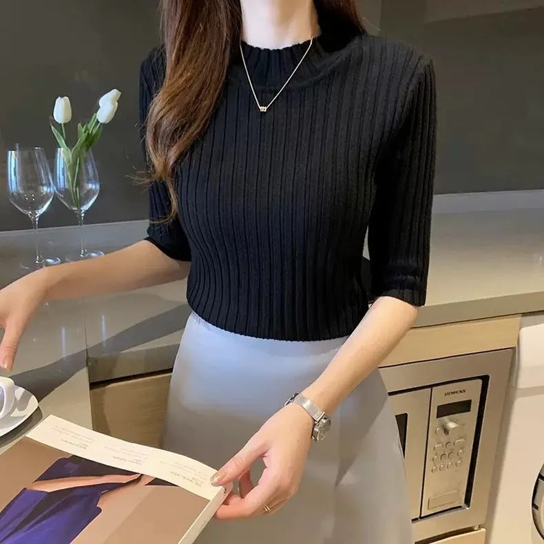 The Refined Whisper | Women's Semi-Turtleneck Core-Spun Yarn T-Shirt - Image 6