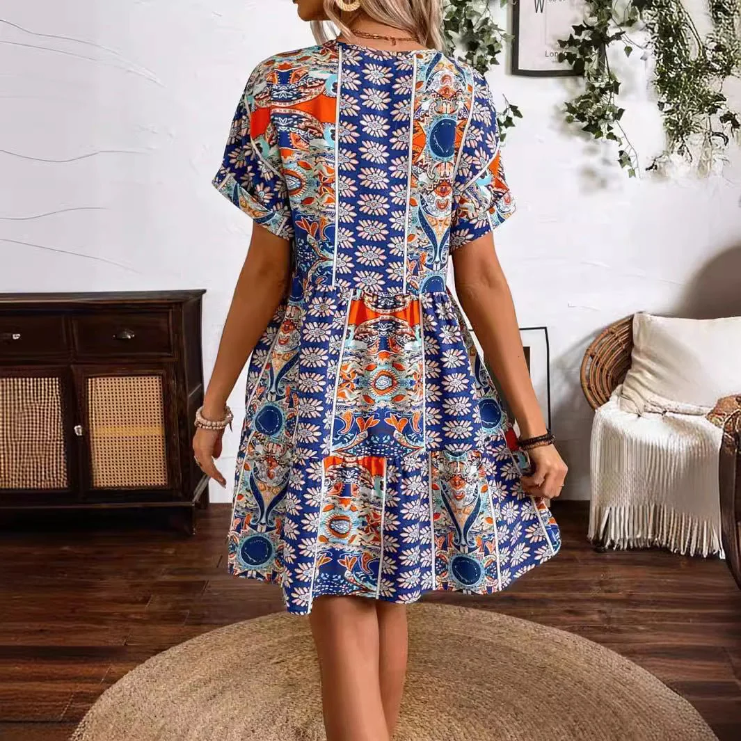 The Retro Bloom | Women's Floral Print V-Neck Bat Sleeve Midi Dress - Image 2