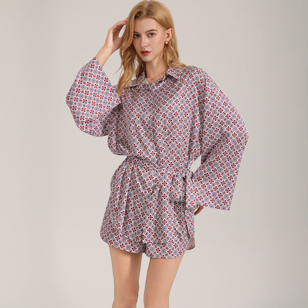 The Retro Geometry | Women's Satin Long-Sleeve Geometric Print Short Pajama Set