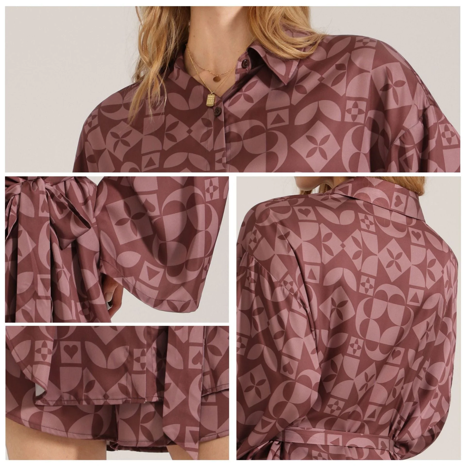 The Retro Geometry | Women's Satin Long-Sleeve Geometric Print Short Pajama Set - Image 3