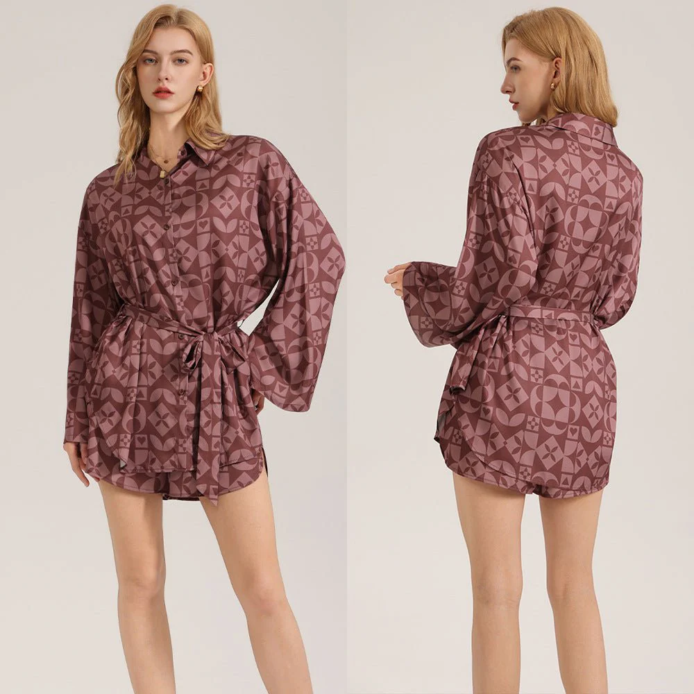 The Retro Geometry | Women's Satin Long-Sleeve Geometric Print Short Pajama Set - Image 4