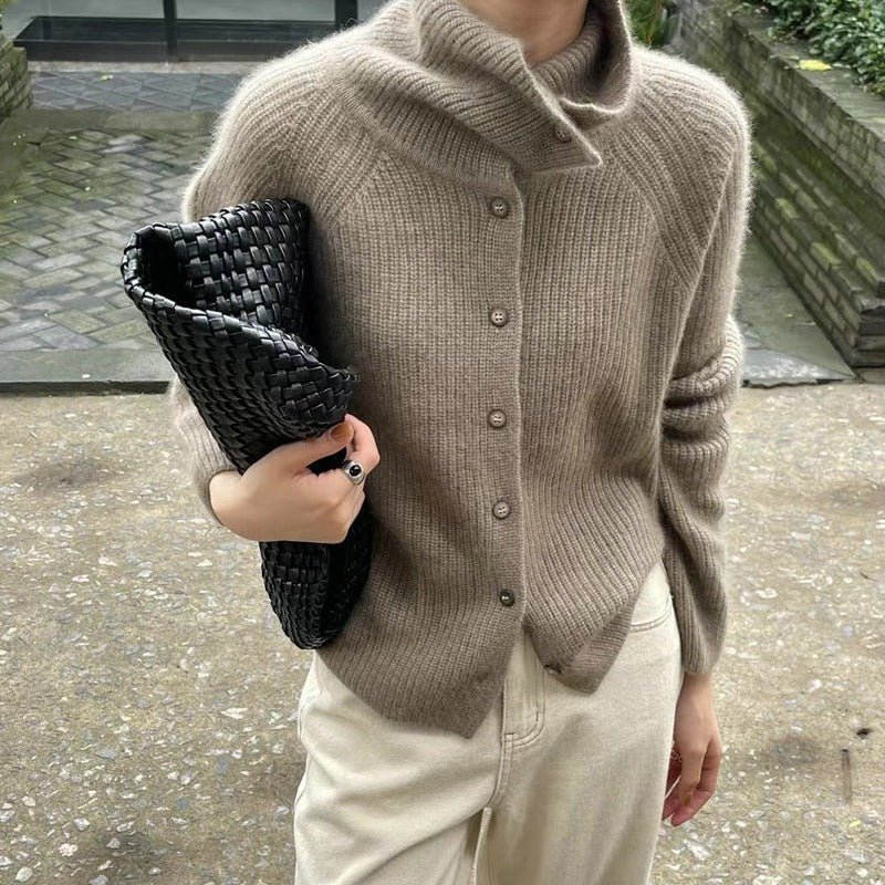 The Retro Luxe | Solid Color Cashmere Blend Stand Collar Knit Cardigan