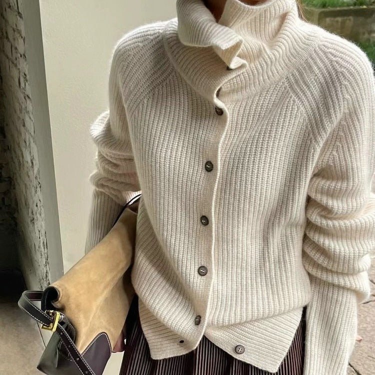 The Retro Luxe | Solid Color Cashmere Blend Stand Collar Knit Cardigan - Image 3