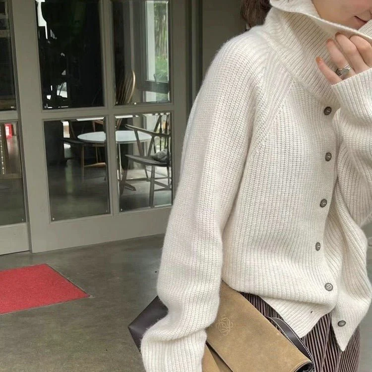 The Retro Luxe | Solid Color Cashmere Blend Stand Collar Knit Cardigan - Image 4