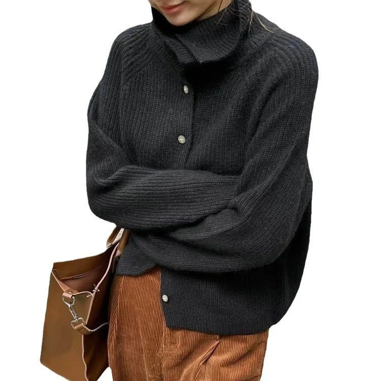 The Retro Luxe | Solid Color Cashmere Blend Stand Collar Knit Cardigan - Image 5