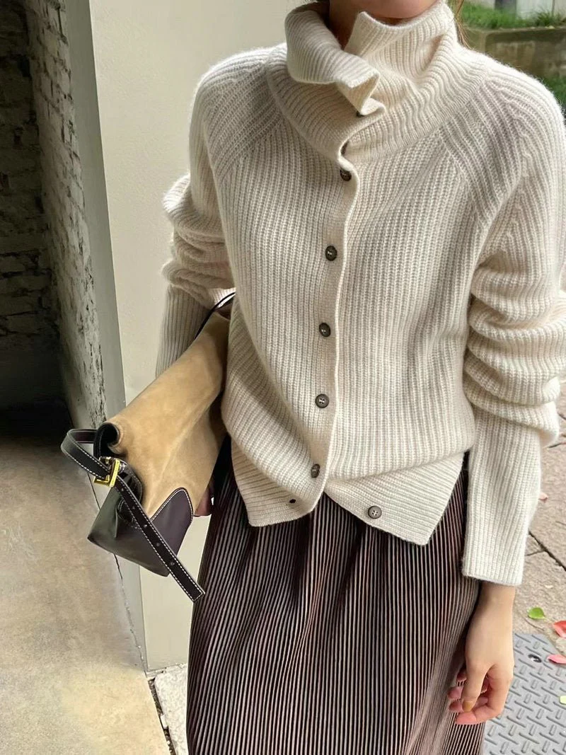 The Retro Luxe | Solid Color Cashmere Blend Stand Collar Knit Cardigan - Image 6