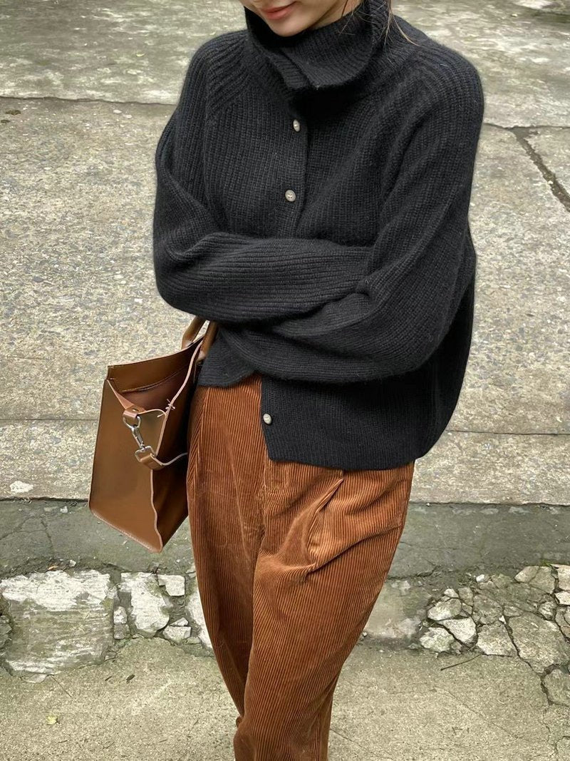 The Retro Luxe | Solid Color Cashmere Blend Stand Collar Knit Cardigan - Image 7