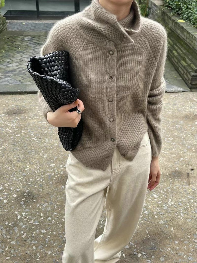 The Retro Luxe | Solid Color Cashmere Blend Stand Collar Knit Cardigan - Image 8