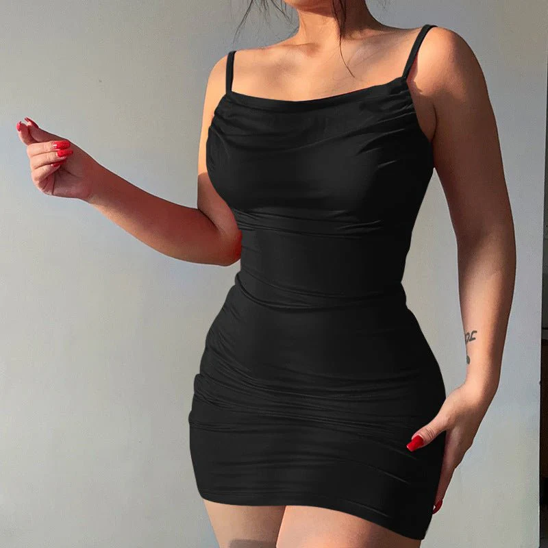 The Retro Spice | Solid Black V-Neck Pleated Backless Hip-Wrap Mini Dress - Image 3