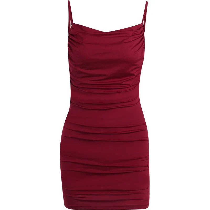 The Retro Spice | Solid Black V-Neck Pleated Backless Hip-Wrap Mini Dress - Image 5