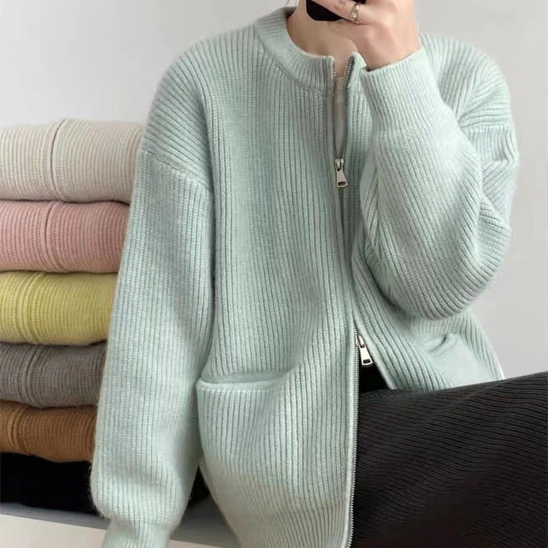 The Retro Zipper | Solid Color Crew Neck Double Zipper Knit Cardigan - Image 15