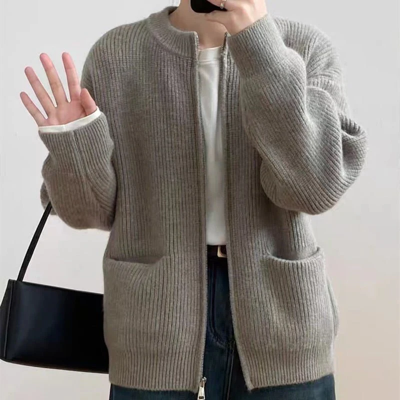 The Retro Zipper | Solid Color Crew Neck Double Zipper Knit Cardigan - Image 22