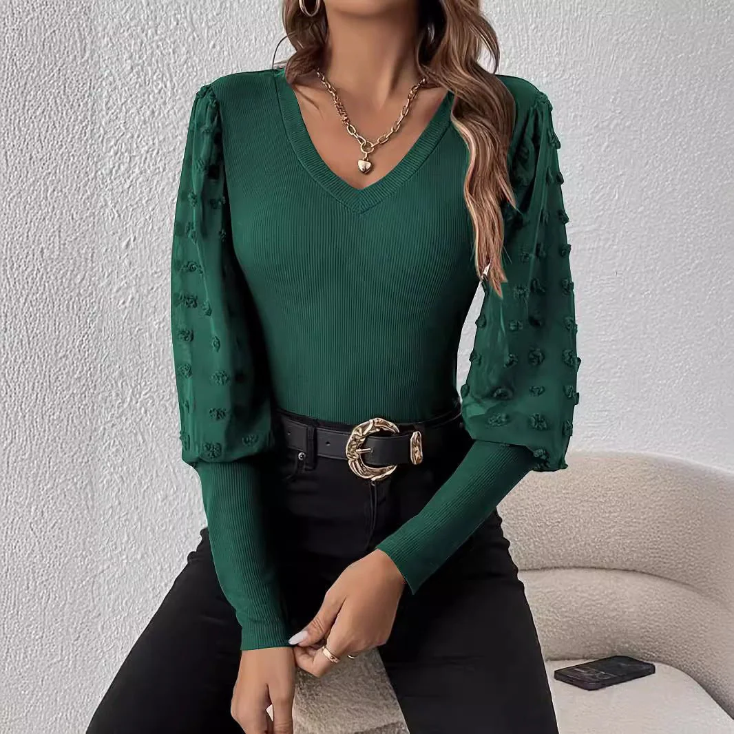 The Ribbed Elegance | Women's V-Neck Chiffon Splicing Lantern Sleeve Top