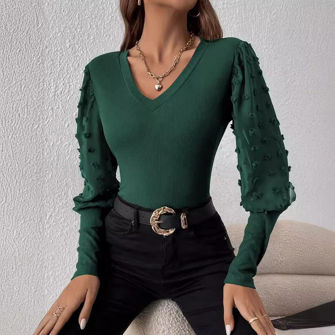 The Ribbed Elegance | Women's V-Neck Chiffon Splicing Lantern Sleeve Top - Image 2