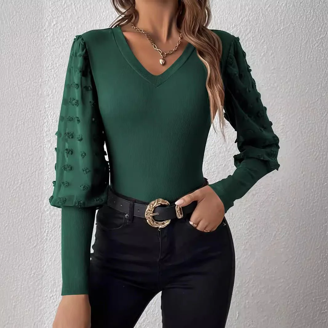 The Ribbed Elegance | Women's V-Neck Chiffon Splicing Lantern Sleeve Top - Image 3