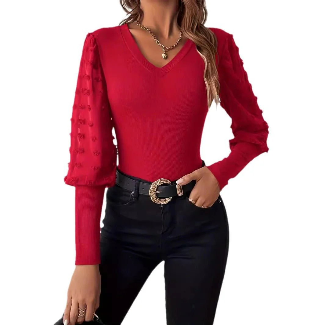 The Ribbed Elegance | Women's V-Neck Chiffon Splicing Lantern Sleeve Top - Image 5