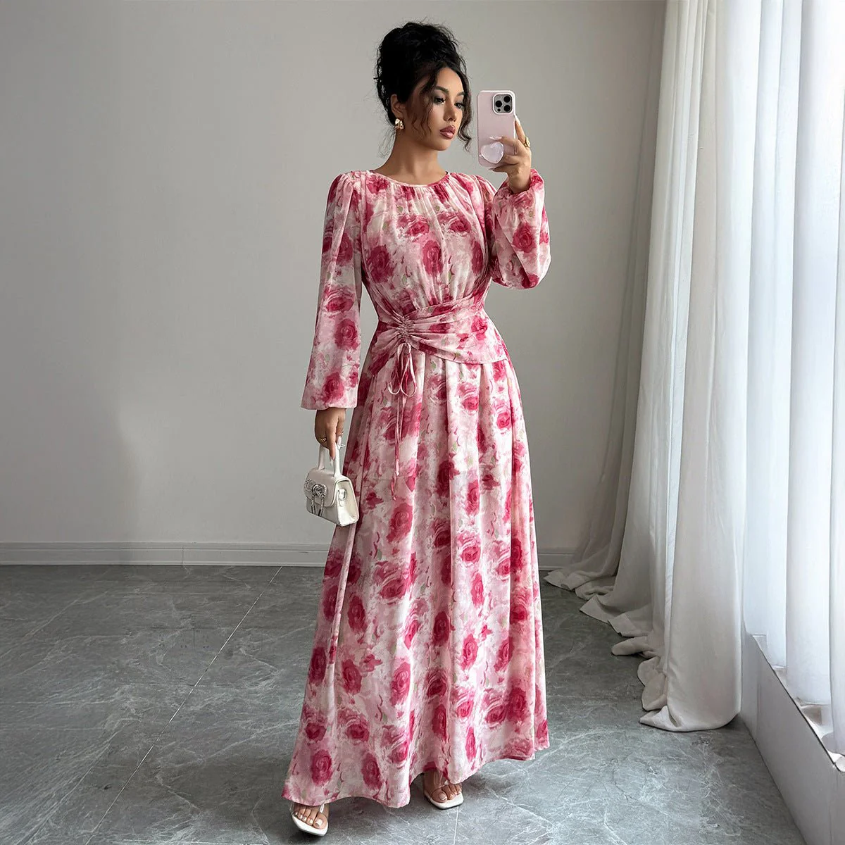 The Romantic Bloom | Floral A-Line Long Dress with Bubble Sleeves