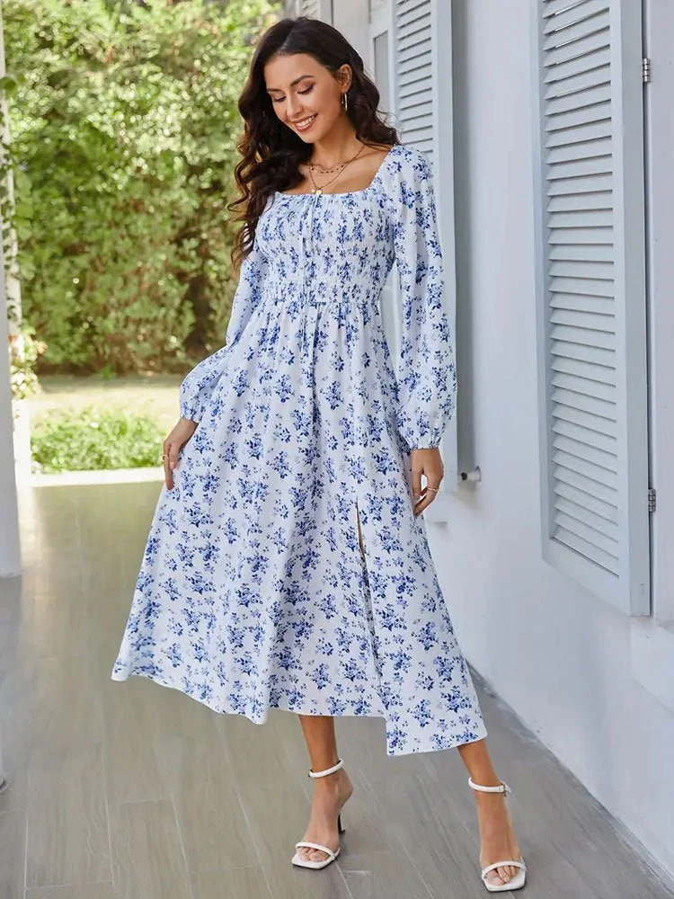 The Romantic Bloom | Floral Square-Neck Long-Sleeve Slit Midi Dress
