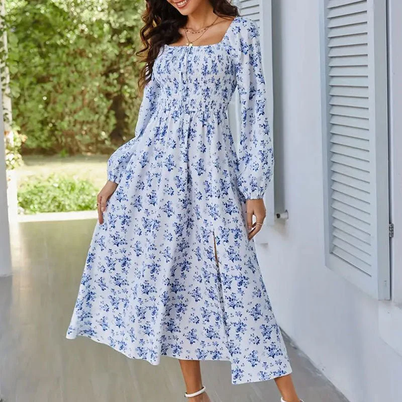 The Romantic Bloom | Floral Square-Neck Long-Sleeve Slit Midi Dress - Image 10