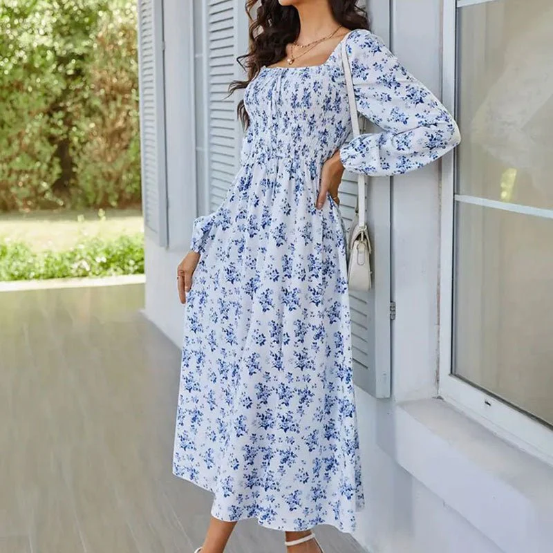 The Romantic Bloom | Floral Square-Neck Long-Sleeve Slit Midi Dress - Image 11