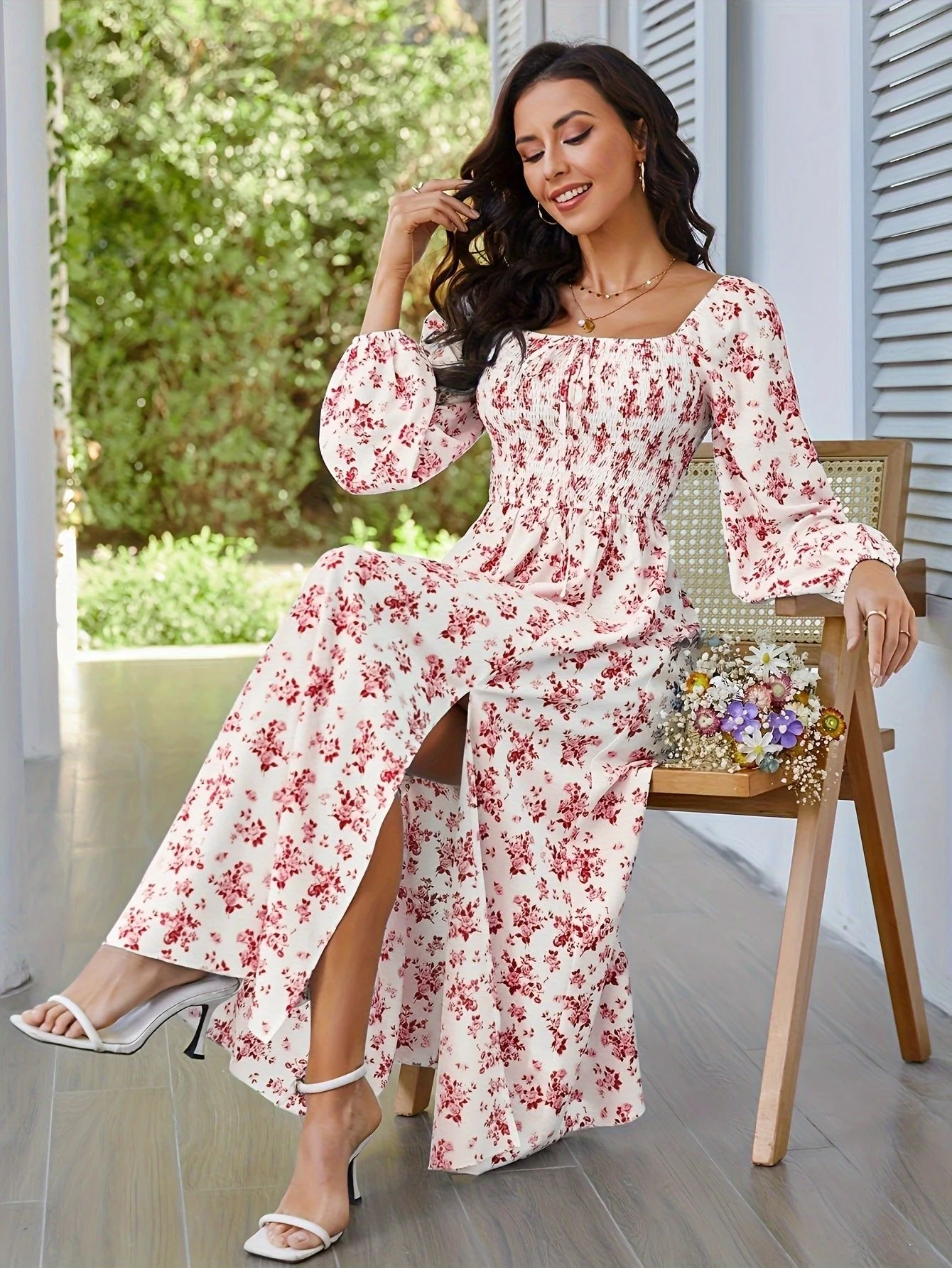 The Romantic Bloom | Floral Square-Neck Long-Sleeve Slit Midi Dress - Image 13
