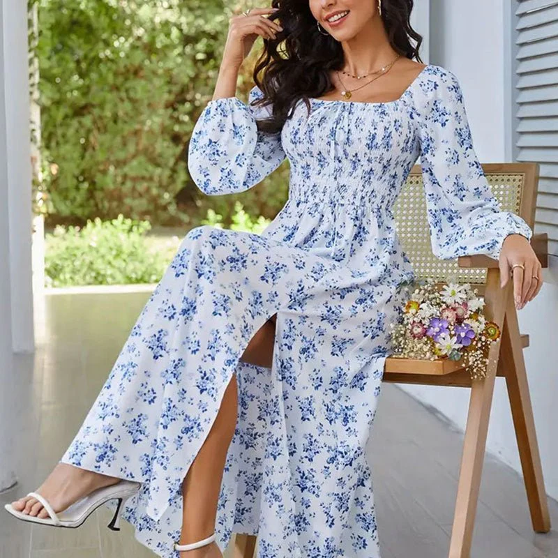 The Romantic Bloom | Floral Square-Neck Long-Sleeve Slit Midi Dress - Image 16