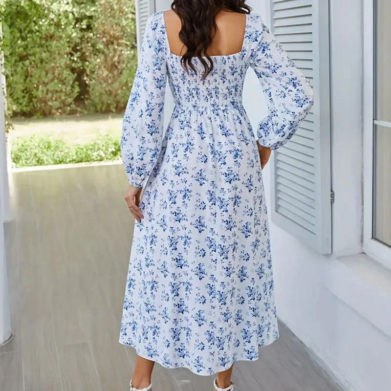 The Romantic Bloom | Floral Square-Neck Long-Sleeve Slit Midi Dress - Image 17