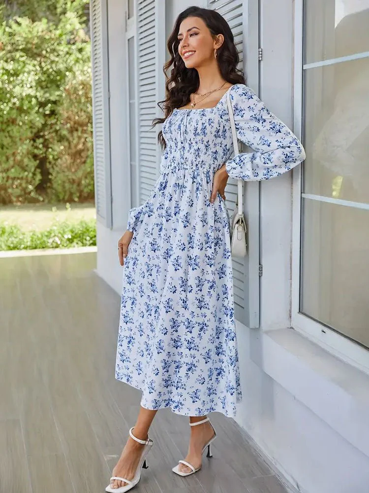 The Romantic Bloom | Floral Square-Neck Long-Sleeve Slit Midi Dress - Image 8