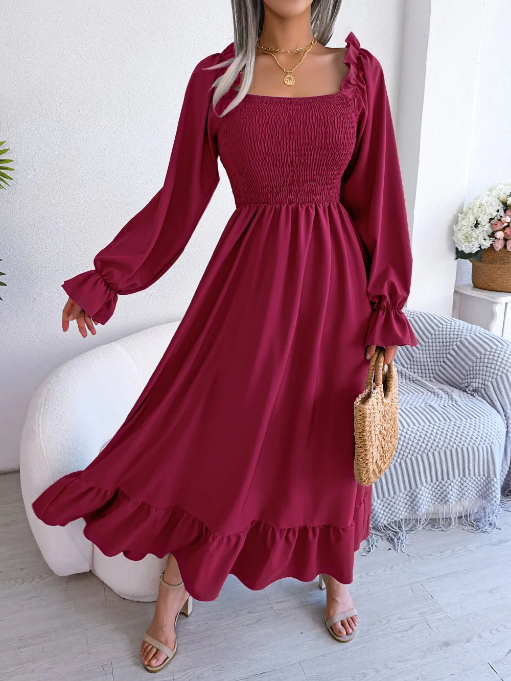 The Romantic Swing | Solid Color Square-Neck Ruffled Trumpet Sleeve Maxi Dress - Image 11