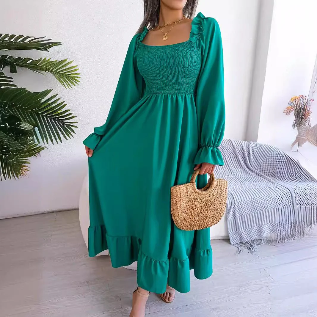 The Romantic Swing | Solid Color Square-Neck Ruffled Trumpet Sleeve Maxi Dress - Image 12