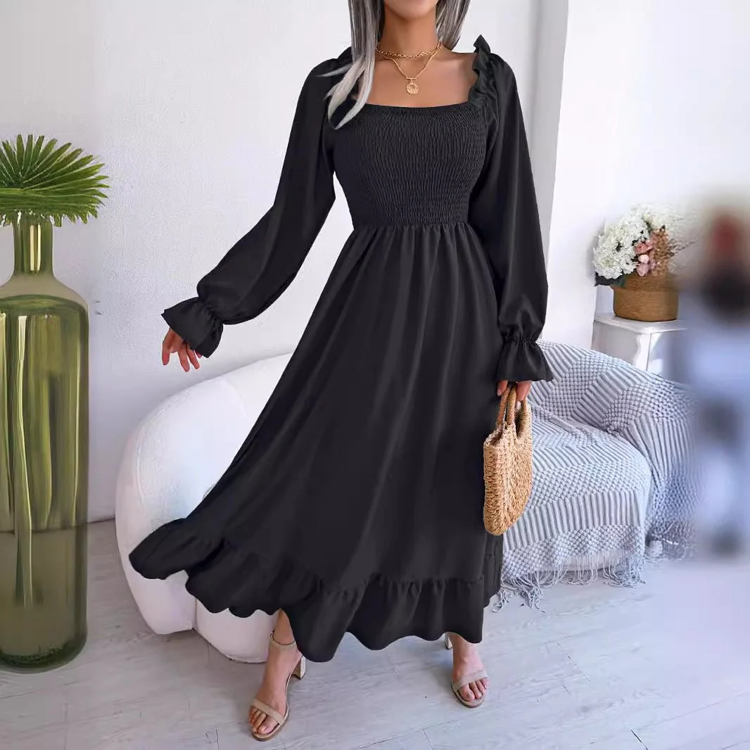 The Romantic Swing | Solid Color Square-Neck Ruffled Trumpet Sleeve Maxi Dress - Image 13