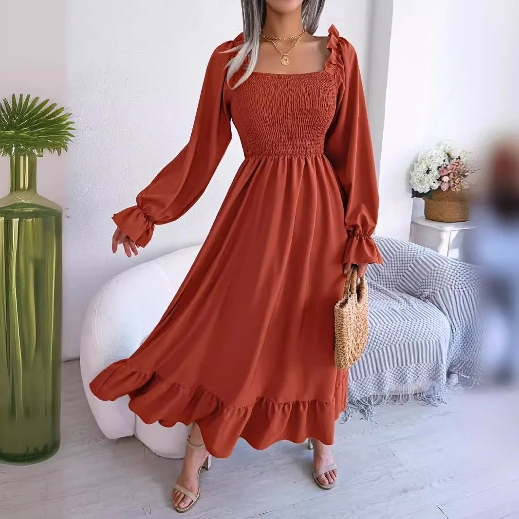 The Romantic Swing | Solid Color Square-Neck Ruffled Trumpet Sleeve Maxi Dress - Image 14