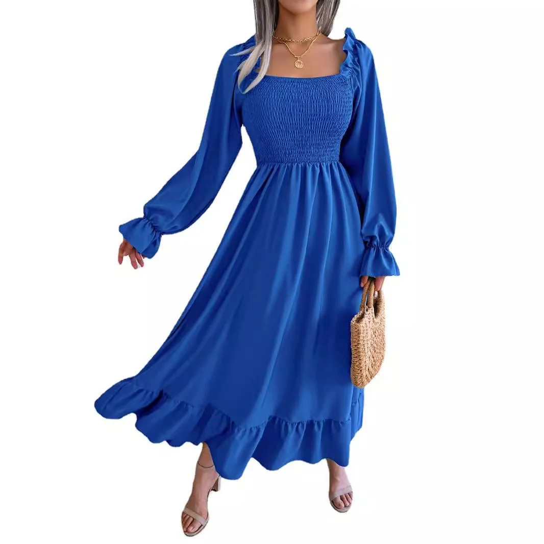 The Romantic Swing | Solid Color Square-Neck Ruffled Trumpet Sleeve Maxi Dress - Image 15