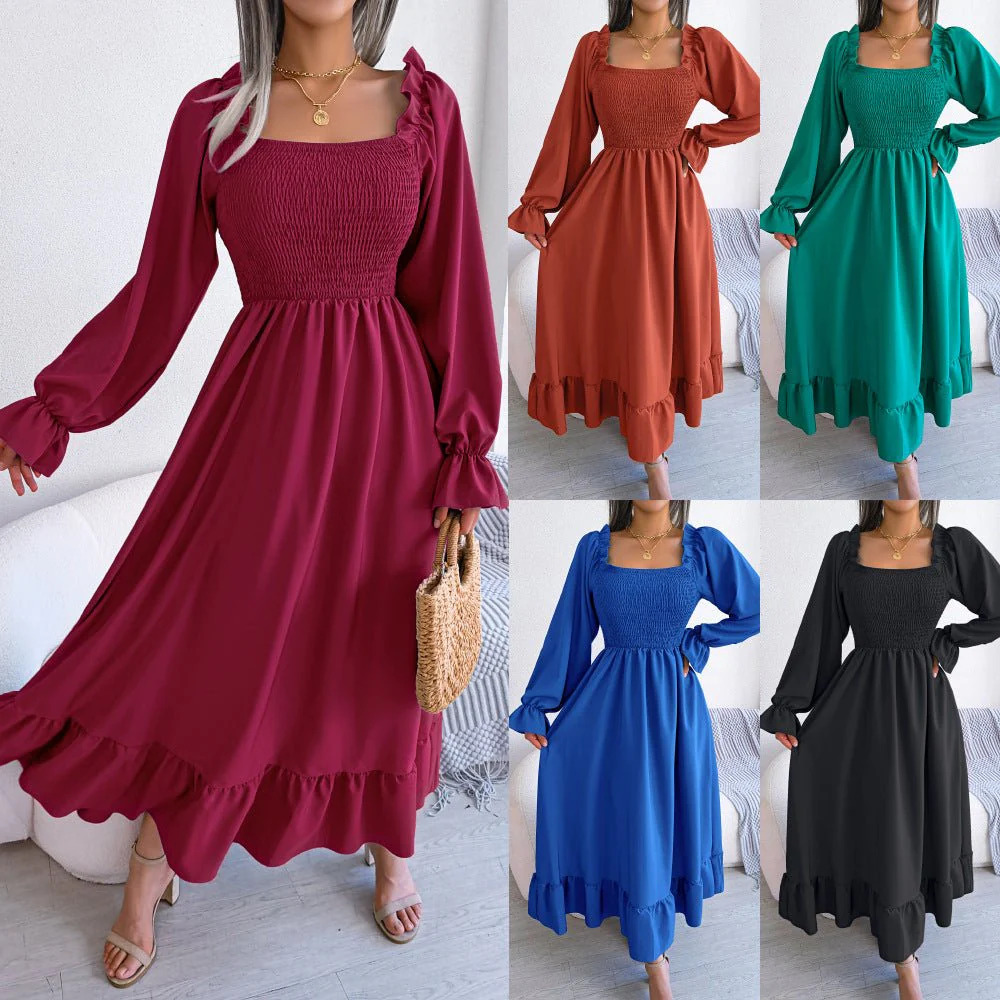 The Romantic Swing | Solid Color Square-Neck Ruffled Trumpet Sleeve Maxi Dress - Image 17