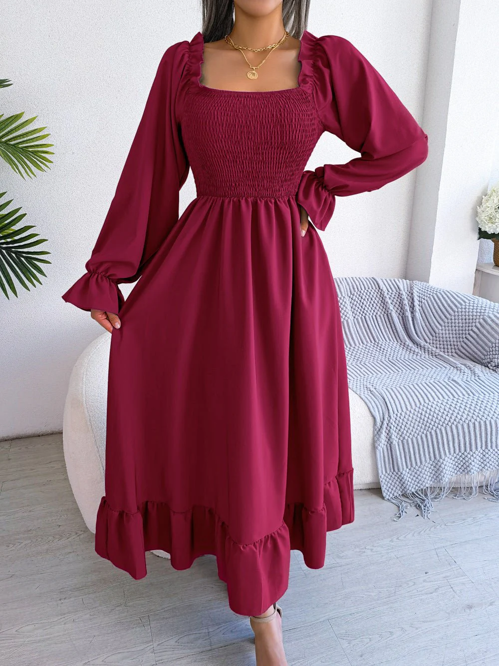 The Romantic Swing | Solid Color Square-Neck Ruffled Trumpet Sleeve Maxi Dress - Image 18
