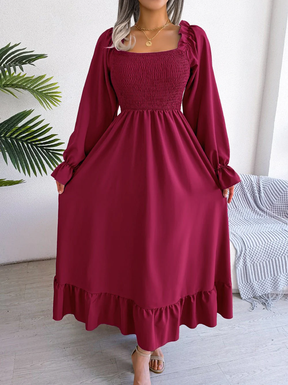 The Romantic Swing | Solid Color Square-Neck Ruffled Trumpet Sleeve Maxi Dress - Image 19