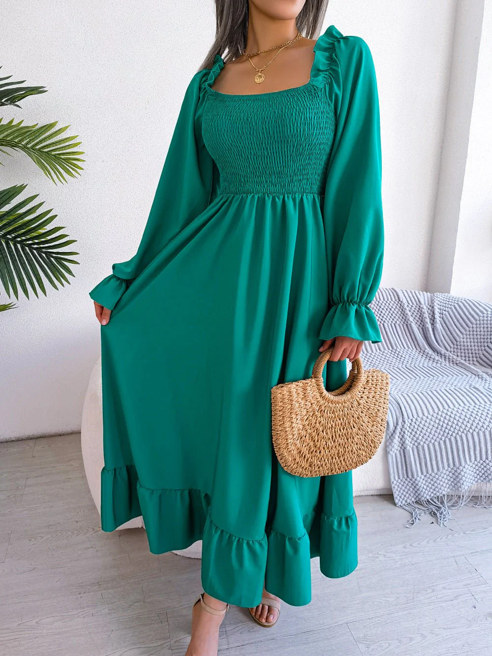 The Romantic Swing | Solid Color Square-Neck Ruffled Trumpet Sleeve Maxi Dress - Image 2
