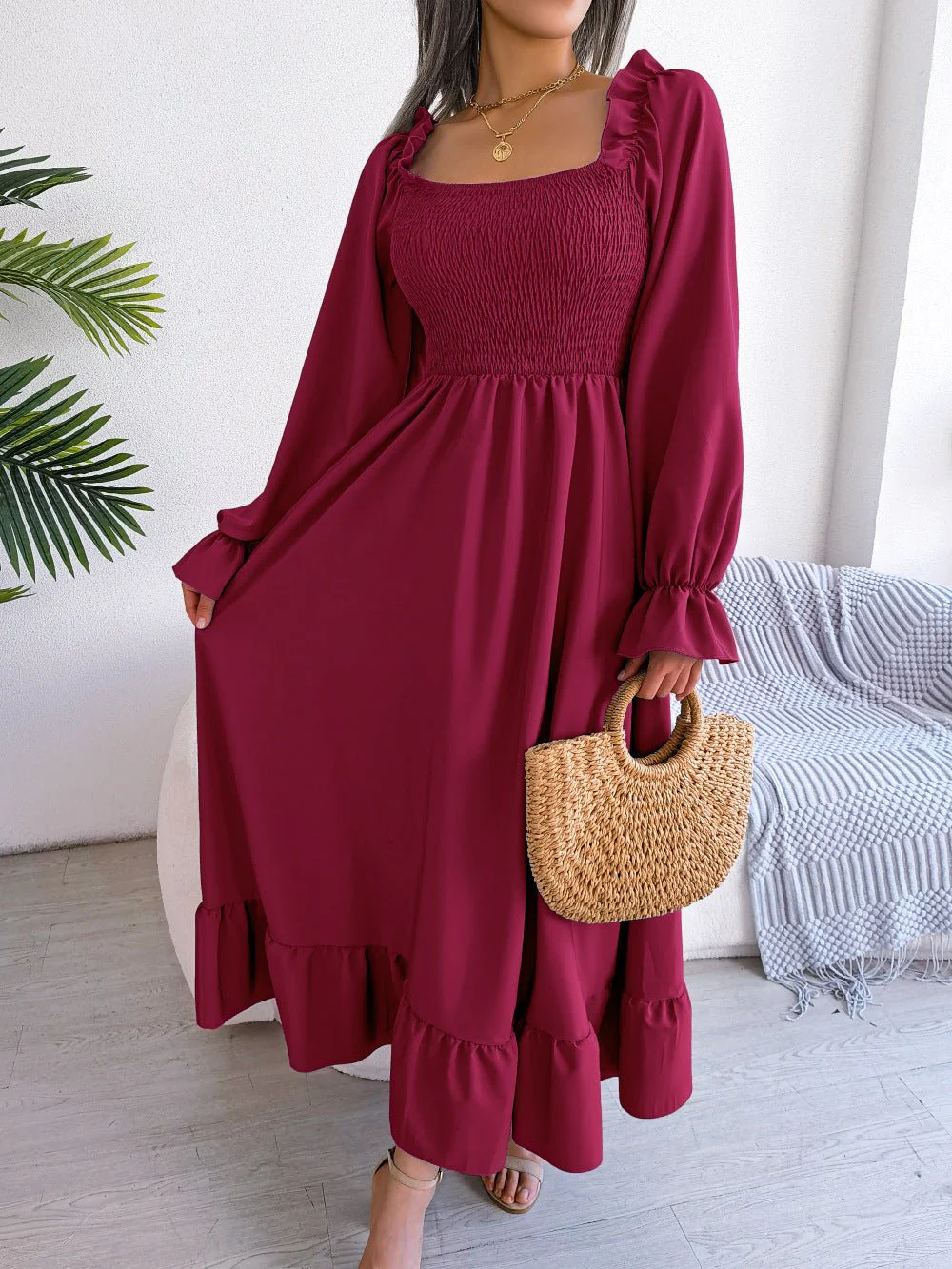The Romantic Swing | Solid Color Square-Neck Ruffled Trumpet Sleeve Maxi Dress - Image 20